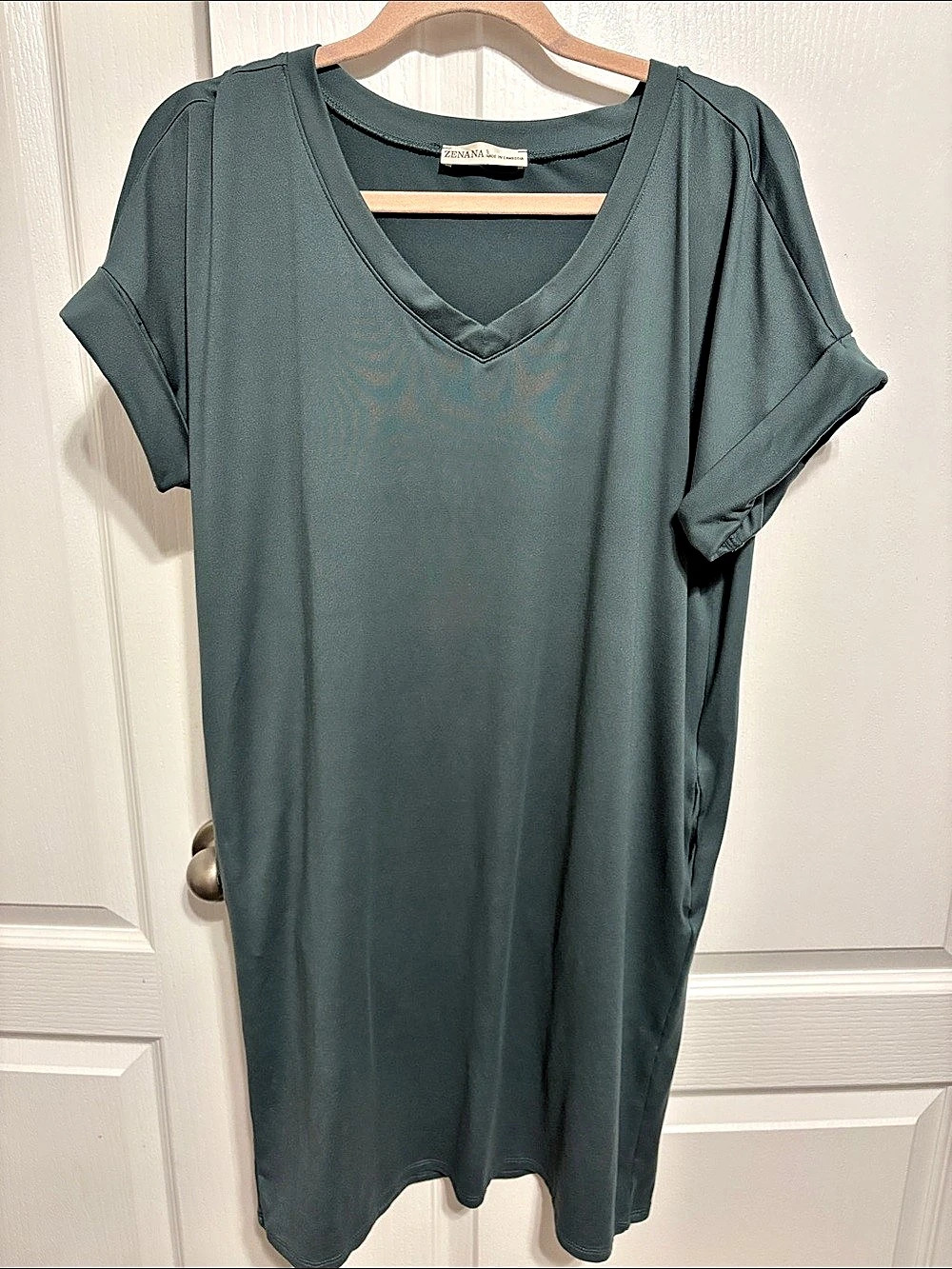 ZENANA Brushed DTY Rolled Short Sleeve V-Neck Dress V-Neck MIDI Dress Green